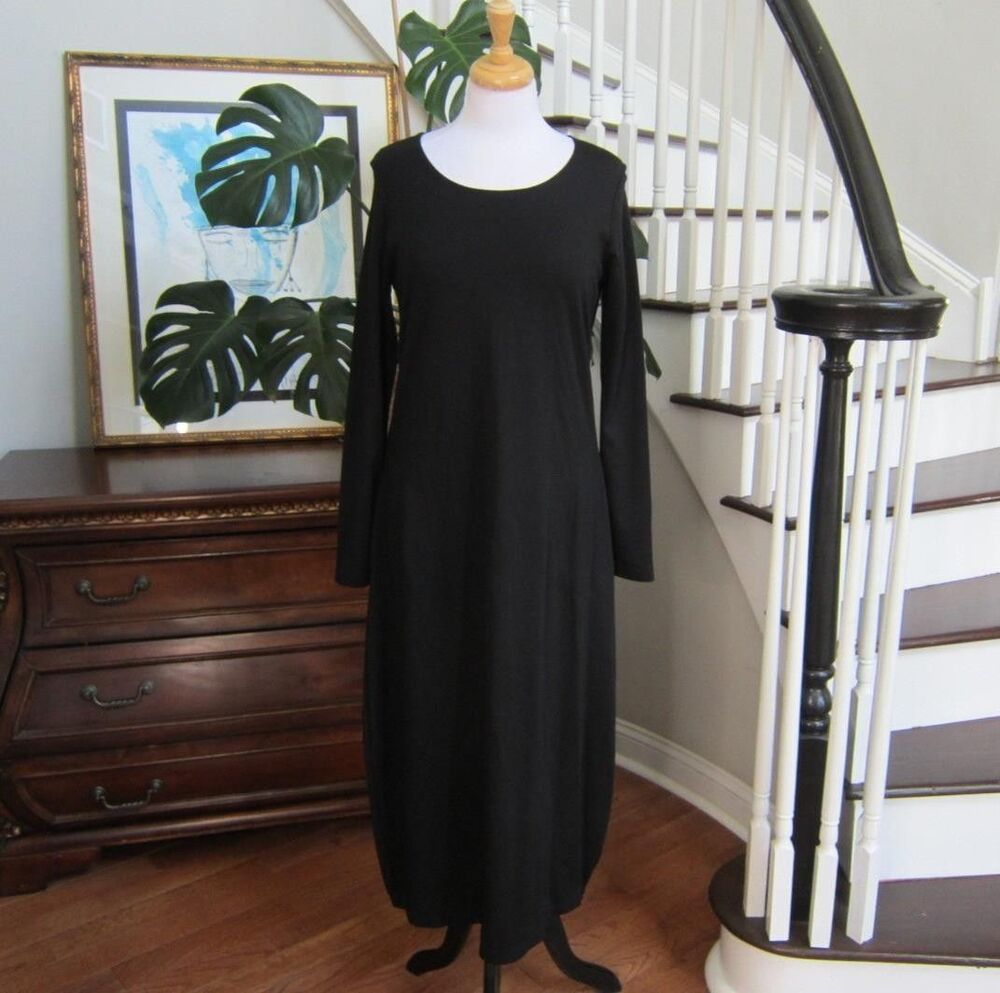 Bryn Walker Black Round Neck Long Sleeve A-Line Maxi Dress w/ Pockets Size S
